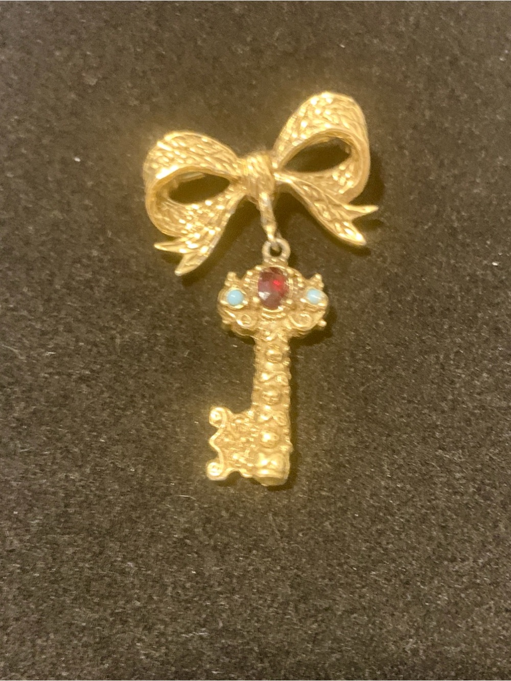 Gold Bow Key Pendant with Red and Turquoise Stones Vintage Florenza Style